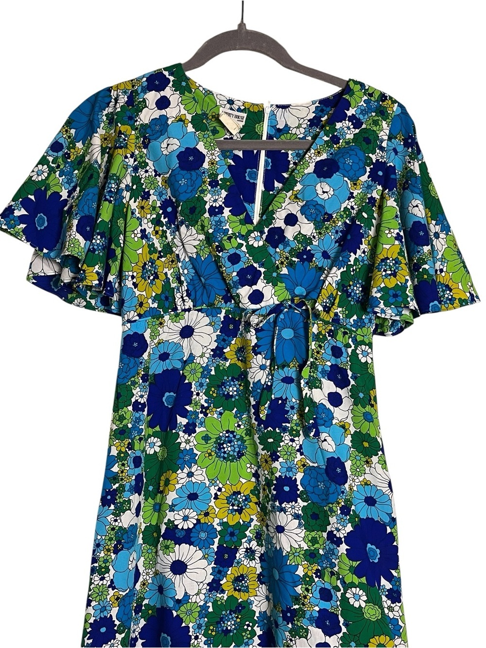Vintage Liberty House Hawaii Floral Maxi Dress Blue Green Flutter Sleeve 10 - Picture 8 of 13